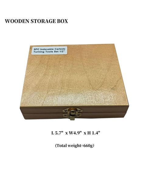 Front view of wooden storage box for 5-piece indexable carbide turning tools set with 1/2 inch holder