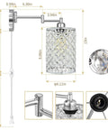 Diagram of One Light Sleek Modern Wall Lamp With Swing Arm Dimmable Crystal Glass Shade Industrial Metal Round Sconce, dimensions included