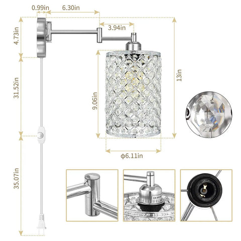 Diagram of One Light Sleek Modern Wall Lamp With Swing Arm Dimmable Crystal Glass Shade Industrial Metal Round Sconce, dimensions included