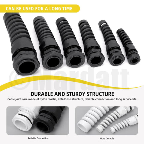 DIY Friendly All In One Waterproof Cable Gland Kit 22 Pcs in 6 Sizes black and white nylon strain relief glands displayed