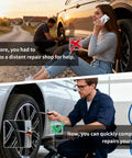 Scene comparing distant repair shop with self-repair using 100 Piece Tire Repair Rubber Nail Kit With 50 Small And 50 Large Plugs.
