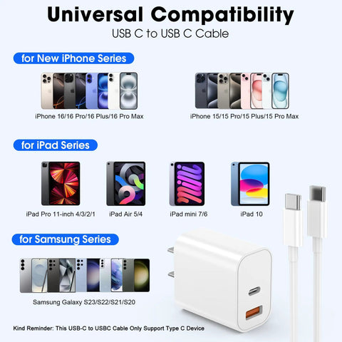 Universal compatibility of 20W USB C Fast Charger Wall Block With 6 Ft Type C To USB C Cable for iPhone, iPad, and Samsung devices