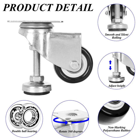 2 Inch Leveling Plate Caster Wheels Set Of 4 With Adjustable Foot Pads Up To 520 Lbs Heavy Duty Industrial Casters Silent Swivel Zinc Plated Metal Rubber Wheels And Steel Brakes For Workbenches Furniture Carts And Transportation