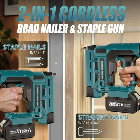 Cordless 18 Gauge Brad Nailer And Staple Gun Bundle With Battery And 1000 Piece Fastener Kit for 5/8 to 1 inch nails in woodworking.