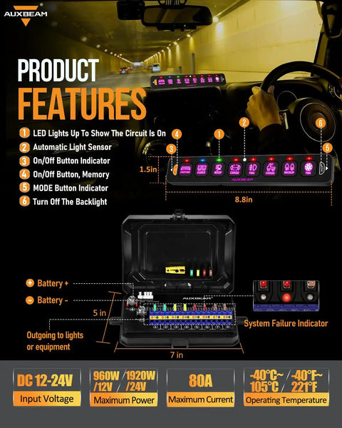 8 Gang Slim Switch Panel With RGB Backlit LED For Truck Offroad Car And Boat AS R80, shown in use at night.