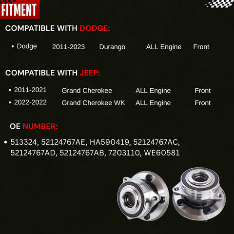 Front Wheel Bearing Assembly 513324 for 2011-2021 Grand Cherokee and 2011-2023 Durango With 5 Lug Bolt Pattern Replaces 52124767AE AC AD AB HA590419 7203110 WE60581 6.469 Inch Flange Diameter OEM-Grade Hub Unit for a Smooth Ride, detailed image showing assembly unit fitment guide