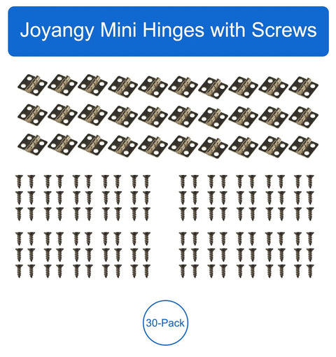 30 Pack 13x12mm Antique Bronze Mini Butt Hinges with screws for boxes and crafty DIY projects displayed in rows