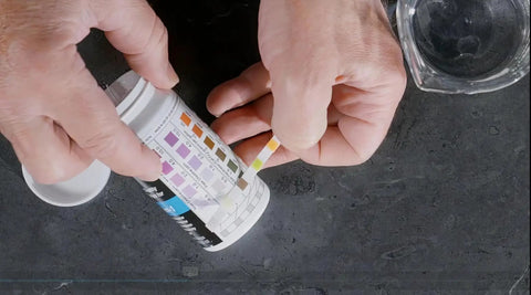 Person holding Real Down To Earth Five In One Water Quality Test Strips For Pools And Spas to test water quality.