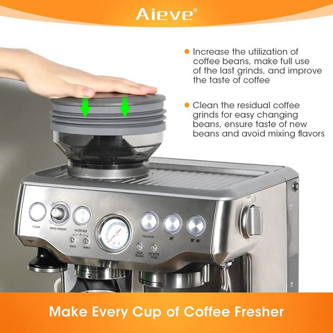 Silicone Bellow Replacement For Breville Barista Express And Compatible Espresso Machines Quick-Install Single Dose Hopper Upgrade Gray shown on espresso machine