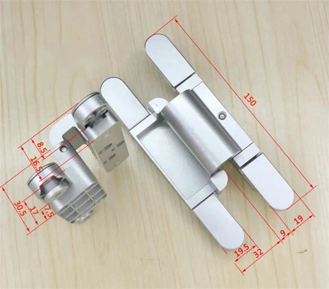 Invisible 2D T Hinge Adjustable 180 Degree Wood Door Hardware in white finish with dimensions on wooden surface.