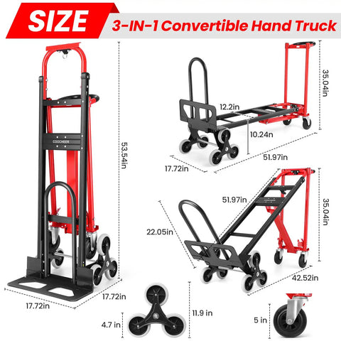 Heavy Duty Stair Climbing Hand Truck With 1000 Pounds Capacity 4 In 1 Convertible Dolly Cart Foldable Platform Utility Cart design dimensions