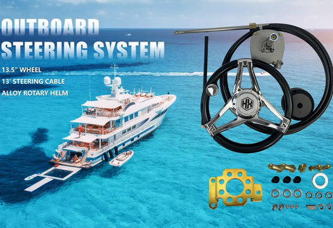 Outboard Rotary Boat Steering Kit With High Performance Marine Cable System, 3/4 Inch Tapered Shaft, 13.5 Inch Steering Wheel