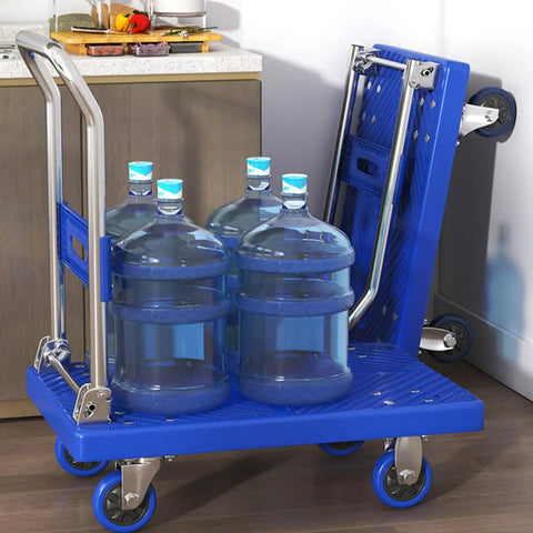 Rock Solid Heavy Duty Folding Platform Truck Rated For One Hundred Fifty Kilos With Four Smooth Rolling Wheels Featuring An Adjustable Push Handle And Quick Fold Deck, transporting large water bottles.