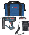 Pro Grade 18V Brushless 18 Gauge Cordless Brad Nailer Kit With 2.0 Ah Battery Charger And Carry Bag showing tool, charger, and carrying bag.