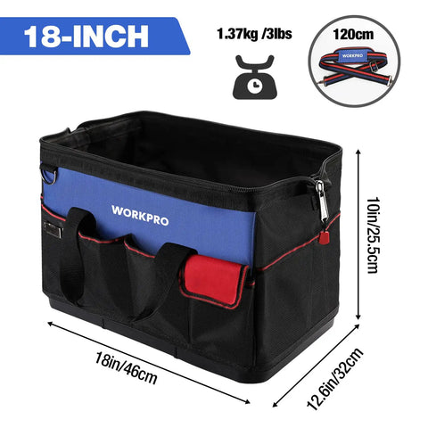18 Inch Open Top Tool Bag With Waterproof Molded Base, 20 Pockets, Adjustable Shoulder Strap, Built Tough With 840D and 600D Oxford Cloth