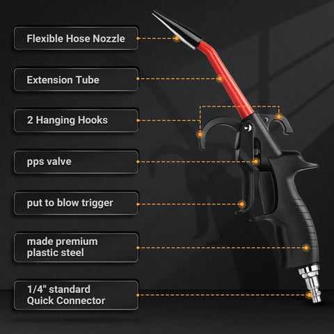 Heavy Duty 290 Max PSI Air Blow Gun For Compressors With Quarter Inch Inlet Angled Nozzle Trigger Flow Control Rubber Tip
