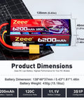 Beefed Up 3S 6200mAh 11.1V 120C LiPo Battery Hard Case With XT90 Connector product dimensions on display