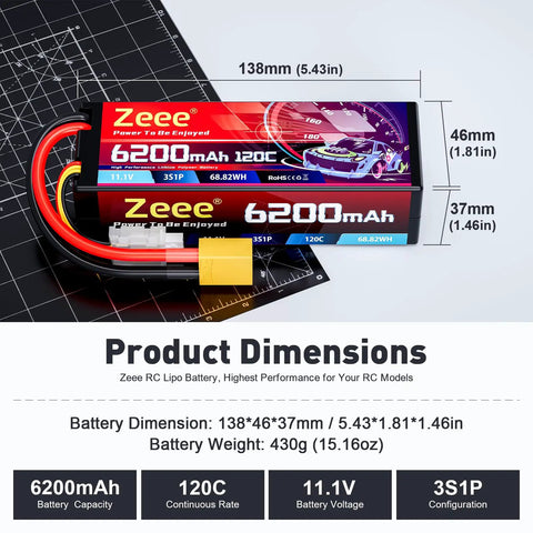 Beefed Up 3S 6200mAh 11.1V 120C LiPo Battery Hard Case With XT90 Connector product dimensions on display