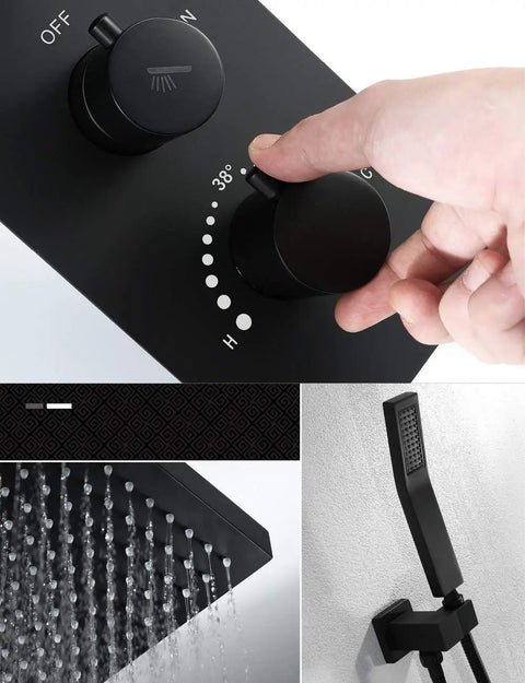 Slick Matte Black Wall Mounted Bathroom Shower Set with Solid Copper Body Constant Temperature Thermostatic Control knobs and rainfall head.