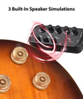 Mini Guitar Amp You Can Take Anywhere Portable Headphone Guitar Amp With Three Built In Speaker Simulations next to guitar body.