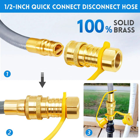 Natural Gas Grill Hose 10-Foot One Half Inch ID With Quick Connect Fitting showing solid brass connection points