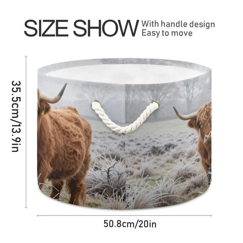 Cow Print Cotton Rope Storage Basket Large Collapsible Grab-And-Go Organizer For Toys Pillows Blankets Laundry Towels And Home Decor 20 X 13.9 Inches Sturdy Foldable Bin For Living Room Bedroom Bathroom Closet with Highland cow design