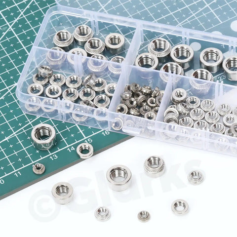 Drop Dead Solid M3 M4 M5 M6 Self Clinching Nuts Kit 100 Piece Assortment 304 Stainless Steel round head nuts in organizer box.