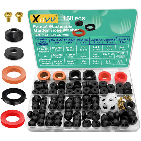 158 Piece Faucet Washer Kit And Garden Hose Gasket Set with assorted washers in compartmentalized plastic box and brass screws