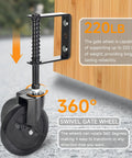 Spring Loaded Gate Wheel With 360 Degree Swivel For Heavy Gates Outdoor Gate Caster Kit with 220 lb capacity attached to wooden gate