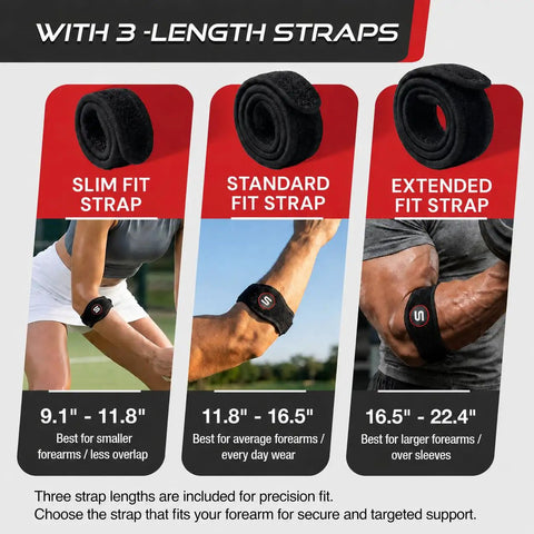 Three adjustable black straps for Tennis Elbow Brace For Men And Women Tendonitis And Golfer Elbow Support.