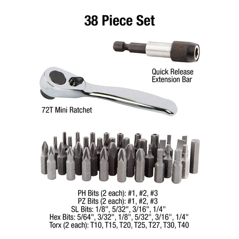 Mini Ratchet And Bit Set With Quick Release Bar 38 Piece Aluminum Case Includes One Eighth Inch To One Quarter Inch Bits S2 And Hex Bits Five Sixty Fourth Inch To One Quarter Inch For Hard To Reach Repairs And Grab And Go DIY Projects