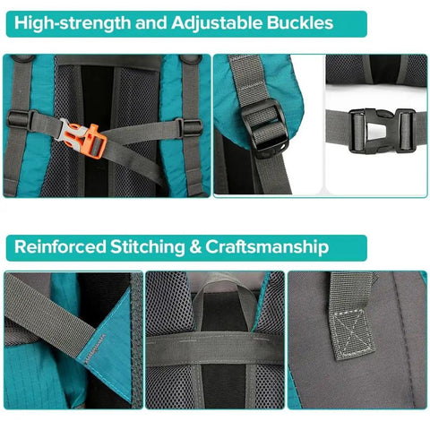 Detailed view of buckles and stitching on 70L Hiking And Camping Backpack For Outdoor Adventures With Water Resistant Ripstop Fabric
