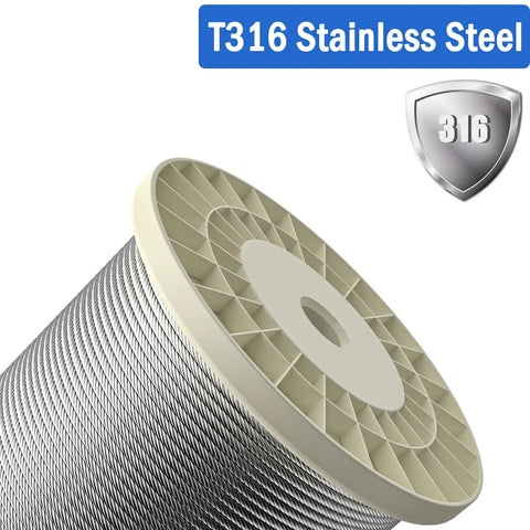Spool of 1/8 Inch Stainless Steel Cable 200 Feet T316 Aircraft Wire Rope For Deck Railing And Handrail, 7x7 Construction