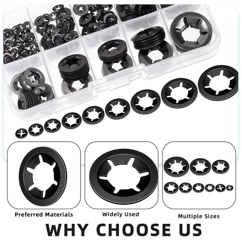 65Mn Steel Internal Tooth Star Lock Washers Set, 351 Piece Assortment For M2 To M12, Quick Locking Washers, Includes 13mm Tweezers