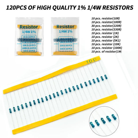 120PCS of high quality 1% 1/4W resistors with 10 different resistance values in a strip, suitable for DIY electronics projects.