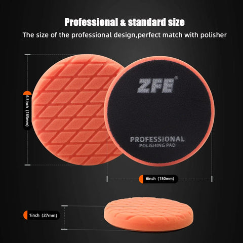 Waffle Foam Buffing Pads 6 Inch Kit 7 Pcs For Car Polisher DA RO GA shown with size dimensions and branding, orange pad
