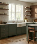 Modern kitchen featuring Thirty Five Pack Brushed Nickel Cabinet Knobs 1-1/4 Inch Round Drawer Knobs With Stainless Steel Top Zinc Alloy Base Heavy Duty Built To Last Kitchen Cabinet Hardware For Dresser And Bathroom Cabinets Easy Install Screws Included mounted on green cabinets.