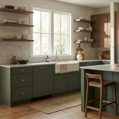 Modern kitchen featuring Thirty Five Pack Brushed Nickel Cabinet Knobs 1-1/4 Inch Round Drawer Knobs With Stainless Steel Top Zinc Alloy Base Heavy Duty Built To Last Kitchen Cabinet Hardware For Dresser And Bathroom Cabinets Easy Install Screws Included mounted on green cabinets.