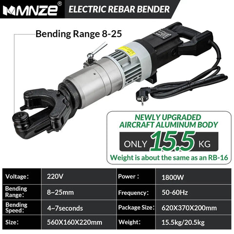 Heavy Duty 1800W Electric Hydraulic Rebar Bender Machine For #8-25mm Rods Portable Steel Bar Bagger with aluminum body and power specifications