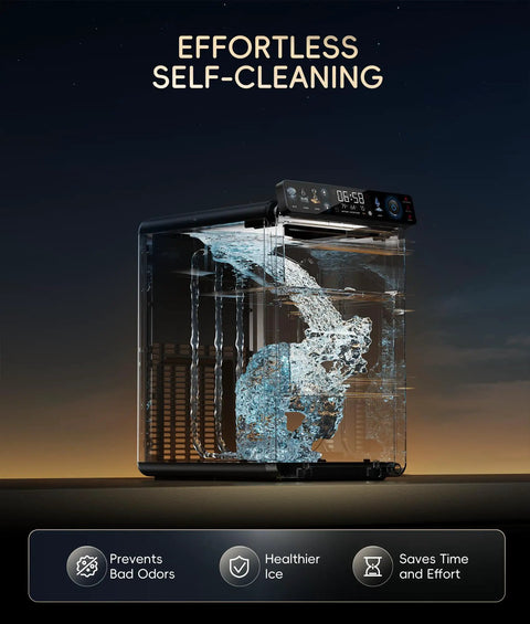 Top Shelf Nugget Ice Maker Countertop Unit Cranks Out 44 Pounds Daily With Seamless App Control And A Sleek Smart Full Color Panel. Self-cleaning feature shown with water streams.
