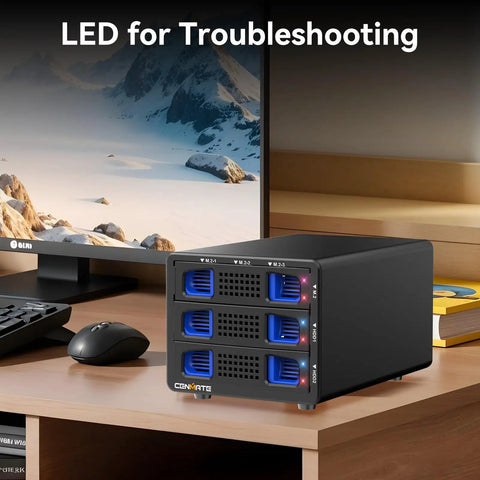 Beefy Hybrid Storage Rig Housing Two Sata Drives Alongside Triple M.2 NVMe Slots With Flexible Raid Configs Built In Silent Fan And Super Fast Dual USB 3.2 Ports For Max Capacity Setup on a desk with LED status indicators.