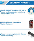 Instructional image showing steps for cleaning surfaces with solder wick, isopropyl alcohol, and installing a replacement chip for SMD repair.