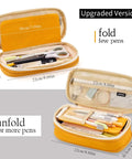 Ultra Large Capacity Pencil Case For School And Office Fits Up To 50 Pens Or 90 Pencils Two Tier Mesh Pocket Organizer Wide Opening Pouch Bright Yellow Orange Color shown folded and unfolded with pens inside