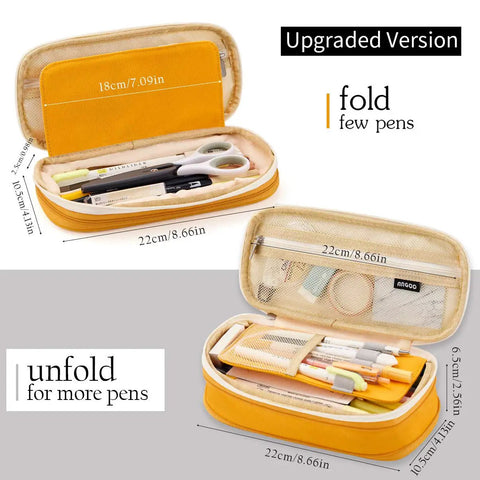 Ultra Large Capacity Pencil Case For School And Office Fits Up To 50 Pens Or 90 Pencils Two Tier Mesh Pocket Organizer Wide Opening Pouch Bright Yellow Orange Color shown folded and unfolded with pens inside