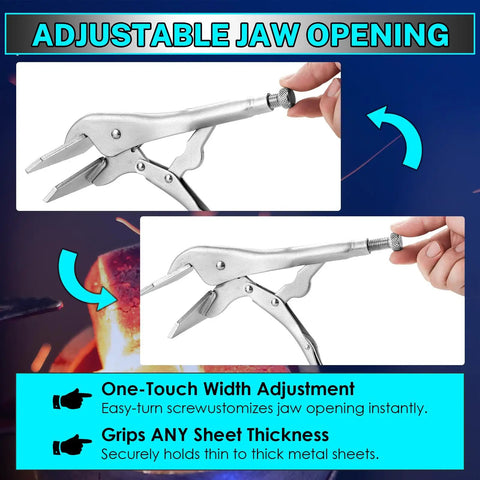 Image showing the 10 Inch Heavy Duty Locking Sheet Metal Clamp For Welding And Metalwork With Adjustable Opening Nickel Plated Carbon Steel Duckbill Locking Pliers For Metal Bending And Clamping 1 Pack, featuring adjustable jaw opening.