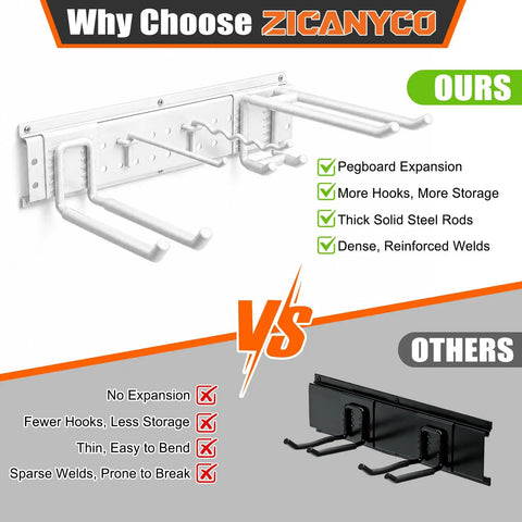 Comparison of 99 Inch Garage Tool Organizer Wall Mount With 18 Heavy Duty Hooks, white vs black, highlighting features and benefits