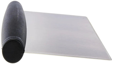 Top Notch Pro Grade Stainless Steel Bench Scraper Dough Cutter with a black non slip contoured grip and 6 inch blade
