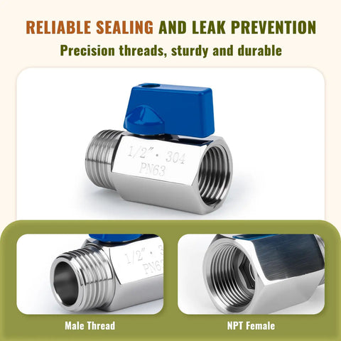 Two Pack One Half Inch Mini Ball Valve Set In 304 Stainless Steel With NPT Female To Male Thread Shutoff Valves, close-up view