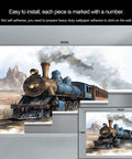 Old School Steam Locomotive Wall Mural For Living Room And Bedroom, 98.4 x 68.9 inches, five panels, silk cloth texture, train scene