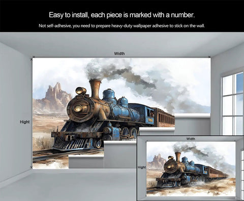 Old School Steam Locomotive Wall Mural For Living Room And Bedroom, 98.4 x 68.9 inches, five panels, silk cloth texture, train scene